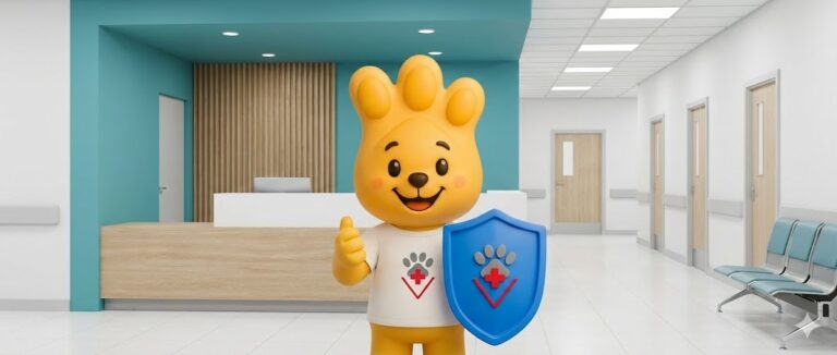 Mascote Zé Patinhas do Hospital Levet segurando um escudo de proteção azul com cruz veterinária e fazendo sinal de positivo, simbolizando a segurança e confiança do plano de saúde pet Levet Protege