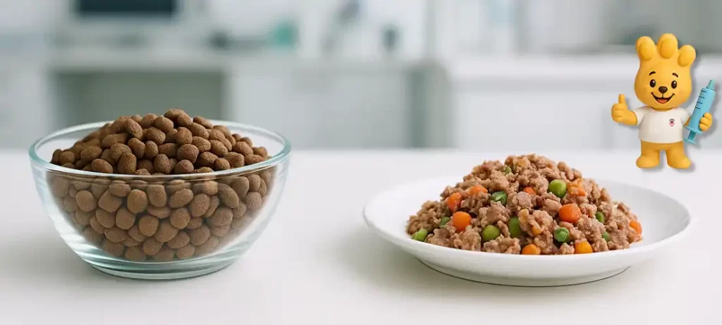 Comparativo entre ração premium e alimentação natural porcionada para pets.