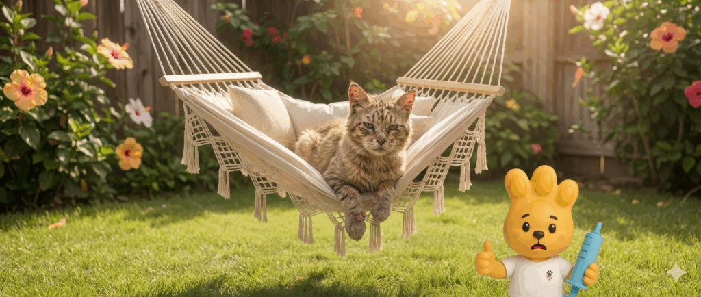 Gato com lesões de esporotricose na pele deitado em uma rede, ao lado do mascote do Hospital Veterinário Levet segurando uma seringa.