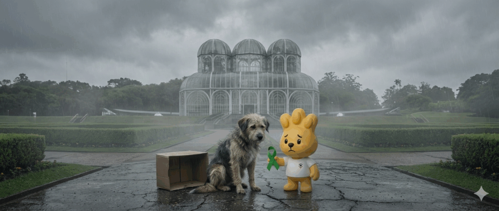 Cachorro com aparência de abandonado e feridas na pele deitado em uma rede, representando o abandono nas férias, ao lado do mascote Zé Patinhas do Hospital Veterinário Levet.