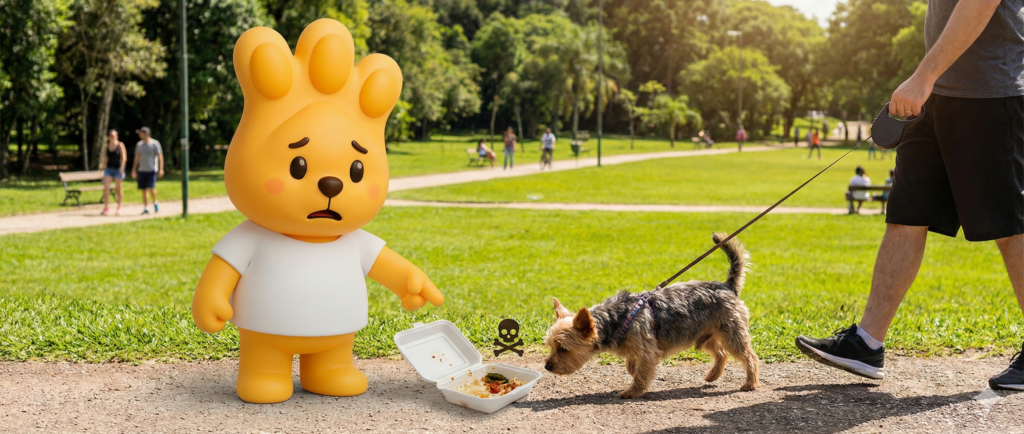 Mascote Zé Patinhas do Hospital Veterinário Levet no Parcão em Curitiba, alertando sobre o perigo de marmitas abandonadas e envenenamento de cães.