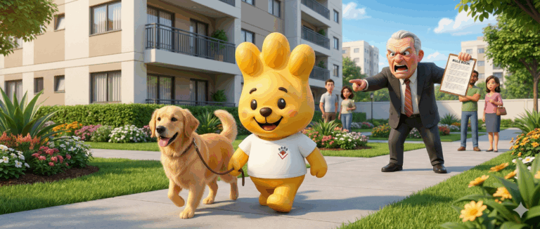 Mascote Zé Patinhas do HV Levet passeando tranquilamente com um cachorro na guia dentro de um condomínio, enquanto um síndico bravo ao fundo segura o regimento interno, ilustrando conflitos de vizinhança.