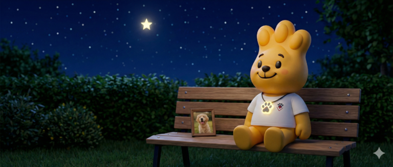 Mascote Zé Patinhas do Hospital Levet sentado em um cenário noturno sereno, segurando um coração brilhante e olhando para o céu, representando o luto pela perda de um pet e o acolhimento veterinário.