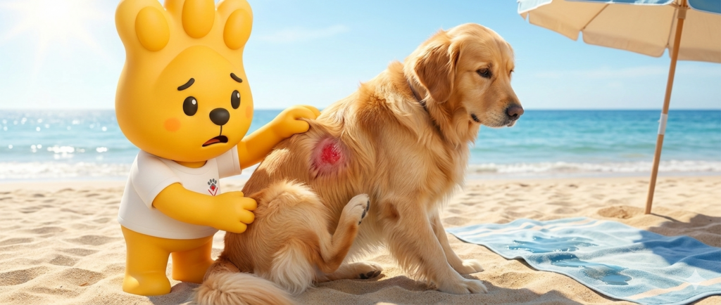 Mascote Zé Patinhas do Hospital Levet na praia, examinando um cão Golden Retriever que apresenta uma lesão vermelha de dermatite úmida (hot spot) na pele.