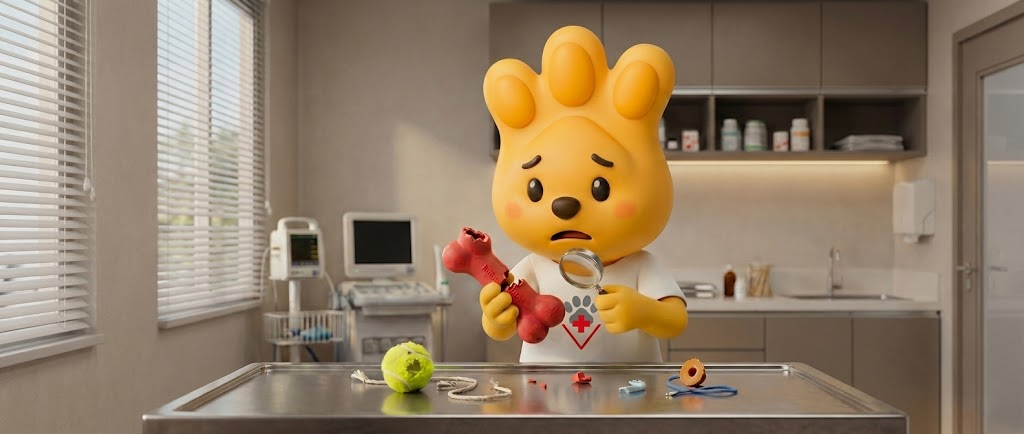 Mascote Zé Patinhas do Hospital Levet segurando um brinquedo de cachorro de borracha quebrado e analisando com lupa, alertando sobre brinquedos perigosos para pets.