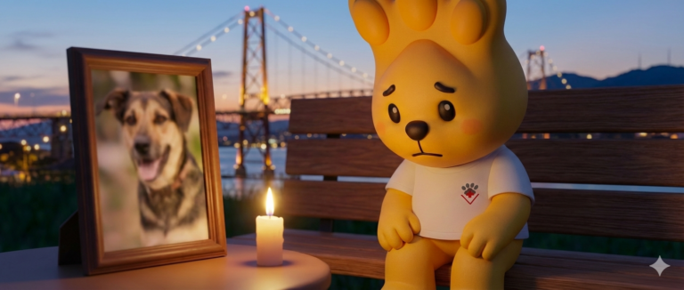 Mascote Zé Patinhas do Hospital Levet com expressão triste, sentado em um banco com a Ponte Hercílio Luz de Florianópolis ao fundo, ao lado de uma vela e um porta-retrato do cão Orelha, simbolizando o luto contra os maus-tratos.