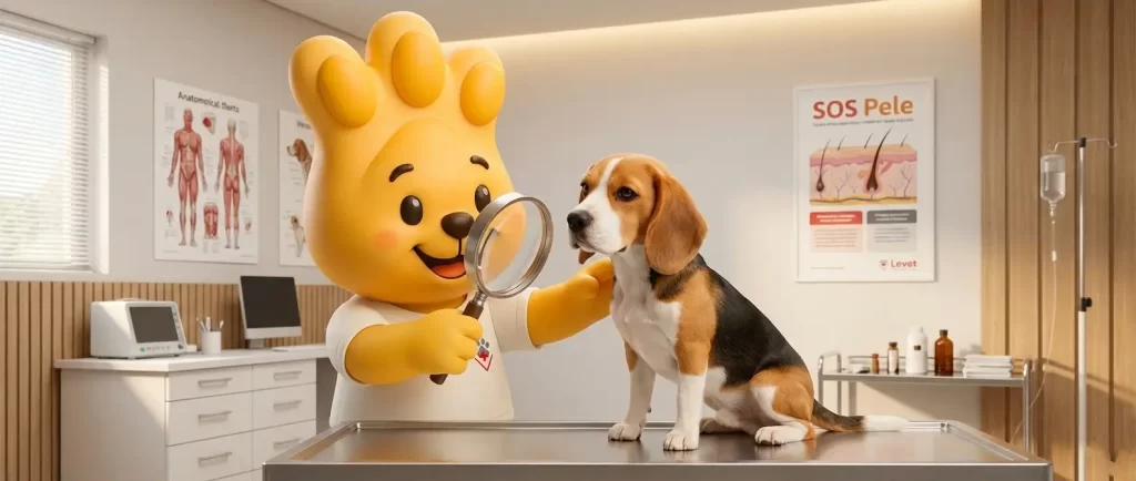 Mascote Zé Patinhas do Hospital Levet segurando uma lupa e examinando a pele de um cachorro Beagle em consultório, ilustrando a campanha SOS Pele contra dermatites e coceiras.