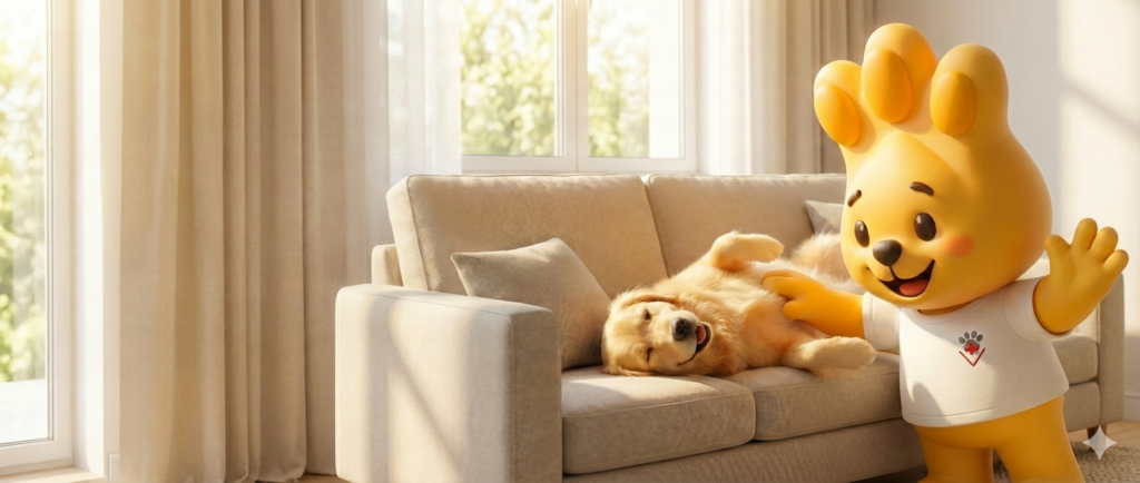 Mascote Zé Patinhas do Hospital Veterinário Levet sorrindo ao lado de um cachorro Golden Retriever deitado de barriga para cima no sofá, ilustrando um pet feliz e relaxado.