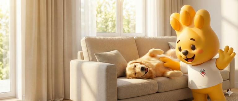Mascote Zé Patinhas do Hospital Veterinário Levet sorrindo ao lado de um cachorro Golden Retriever deitado de barriga para cima no sofá, ilustrando um pet feliz e relaxado.