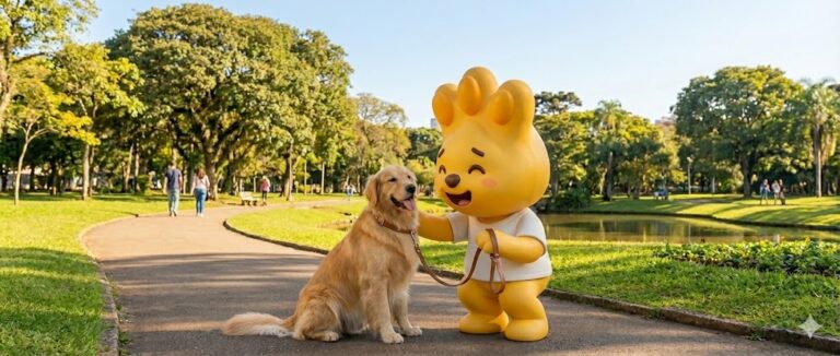 Mascote do Levet passeando no Parque Barigui em Curitiba com um cachorro na guia curta, respeitando a nova lei municipal aprovada pelo vereador Jasson Goulart.