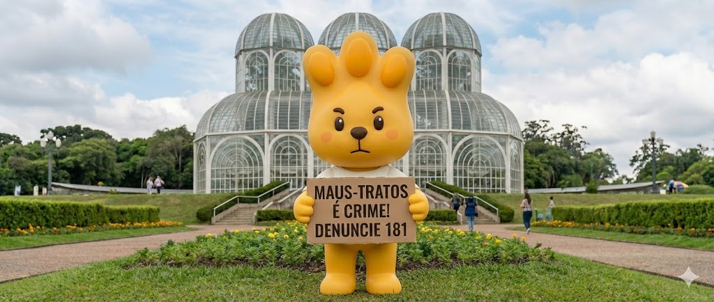 Mascote Zé Patinhas do Hospital Veterinário Levet no Jardim Botânico de Curitiba, segurando uma placa com a mensagem: Maus-tratos é crime, denuncie 181.