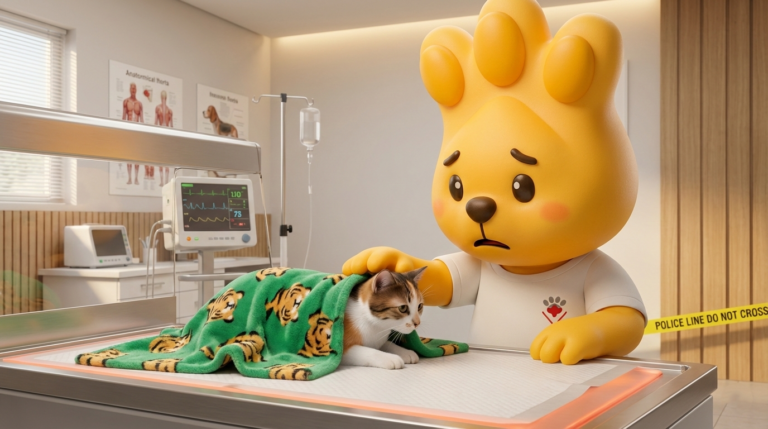 Mascote Zé Patinhas do Hospital Veterinário Levet com expressão triste, cuidando da gata tricolor que foi jogada do 12º andar em Curitiba. A gata está na mesa veterinária enrolada em um cobertor verde de tigre, com uma fita de isolamento policial (Police Line) ao fundo.